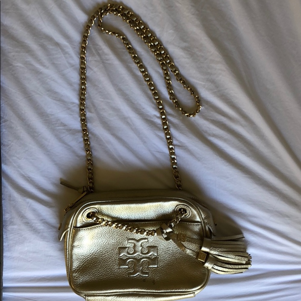 Tory Burch Thea Pebbled Light Gold Crossbody Bag